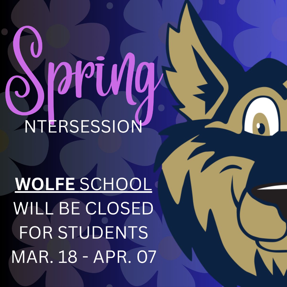 Wolfe School will be closed for Spring Intersession from March 18–April 7. 🌼
School will resume for staff and students on Wednesday, April 8.

We hope everyone enjoys a safe and restful break! 💛🐺✨ <a href="/ucpsnc/">Union County Public Schools</a> <a href="/aghoulihan/">Andrew G. Houlihan</a>