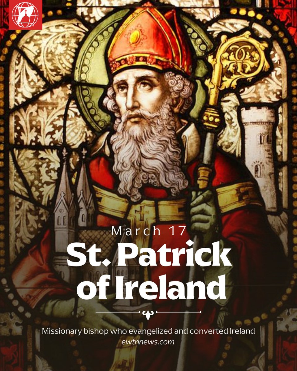 EWTNews's tweet photo. On March 17, Catholics celebrate St. Patrick, the fifth century bishop and patron of Ireland, whose life of holiness set the example for many of the Church's future saints.

St. Patrick is said to have been born around 389 AD in Britain. Captured by Irish raiders when he was about 16, St. Patrick was taken as a slave to Ireland where he lived for six years as a shepherd before escaping and returning to his home.

At home, he studied the Christian faith at monastic settlements in Italy and in what is now modern-day France. He was ordained a deacon by the Bishop of Auxerre, France around the year 418 AD and ordained a bishop in 432 AD.

It was around this time when that he was assigned to minister to the small, Christian communities in Ireland who lacked a central authority and were isolated from one another.

When St. Patrick returned to Ireland, he was able to use his knowledge of Irish culture that he gained during his years of captivity. Using the traditions and symbols of the Celtic people, he explained Christianity in a way that made sense to the Irish and was thus very successful in converting the natives.

The shamrock, which St. Patrick used to explain the Holy Trinity, is a symbol that has become synonymous with Irish Catholic culture.

Although St. Patrick's Day is widely known and celebrated every March the world over, various folklore and legend that surround the saint can make it difficult to determine fact from fiction.

Legends falsely site him as the man who drove away snakes during his ministry despite the climate and location of Ireland, which have never allowed snakes to inhabit the area.

St. Patrick is most revered not for what he drove away from Ireland, but flor what he brought, and the foundation he built for the generations of Christians who followed him.

Although not the first missionary to the country, he is widely regarded as the most successful. The life of sacrifice, prayer and fasting has laid the foundation for the many saints that the small island was home to following his missionary work.

To this day, he continues to be revered as one of the most beloved Saints of Ireland.

In March of 2011, the Irish bishops' conference marked their patron's feast by remembering him as “pioneer in an inhospitable climate.”

As the Church in Ireland faces her own recent difficulties following clerical sex abuse scandals, comfort can be found in the plight of St. Patrick, the bishops said.

They quoted The Confession of St. Patrick, which reads: “May it never befall me to be separated by my God from his people whom he has won in this most remote land. I pray God that he gives me perseverance, and that he will deign that I should be a faithful witness for his sake right up to the time of my passing.”

https://t.co/DWxXApnhGE