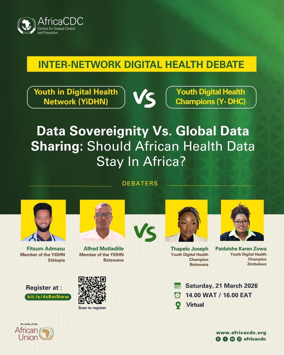 AfricaCDCYouth's tweet photo. The Africa CDC Youth in Digital Health Network (YiDHN) is pleased to launch the inaugural edition of the YiDHN Inter-Network Debate Series.
Data Sovereignty vs. Global Data Sharing
🗓️ Saturday, March 21, 2026 | 4:00 PM EAT
🔗 Register to participate: https://t.co/4RhagE0RbU https://t.co/RfzzMLydVJ