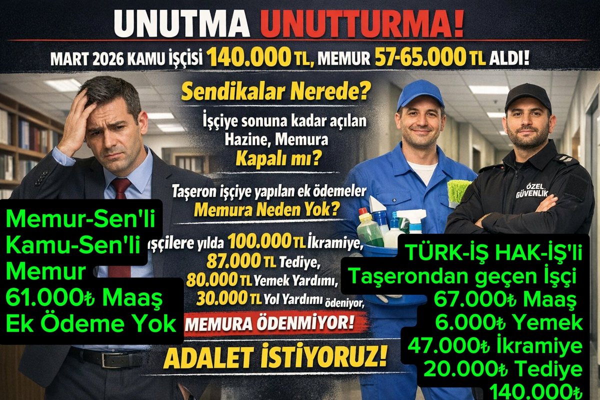 15 Mart 2026 Memurlar bu tarihi hiç unutmayın!
Çünkü bu tarihte İşçi 140.000₺, Memur 61.000₺ aldı!
MemurSen ve KamuSen'in sendikal beceriksizliği yüzünden bu halde olduğumuzu unutmayın! Onlara hatırlatın!

Vasıfsız Temizlik işçisi giydirilmiş maaşı 90.000₺
Memur Maaşı 61.000₺