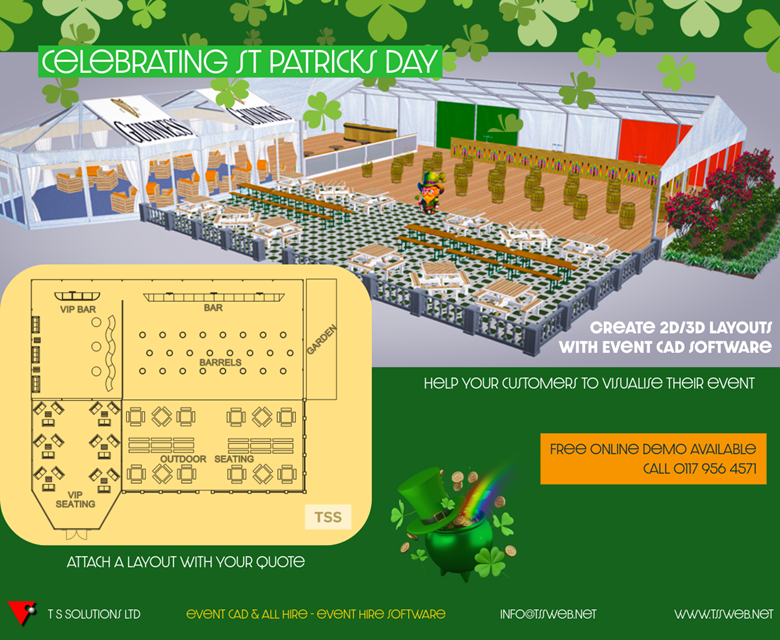 TSSolutionsLtd's tweet photo. Creating a layout to celebrate St. Patrick’s Day. Event CAD software enables you to design a 2D layout and generate a 3D colour visual of the occasion, helping potential customers better visualise how their event will look. #event #eventprofs #quotations #stpatricksday #layout https://t.co/rZsdc5Dzax