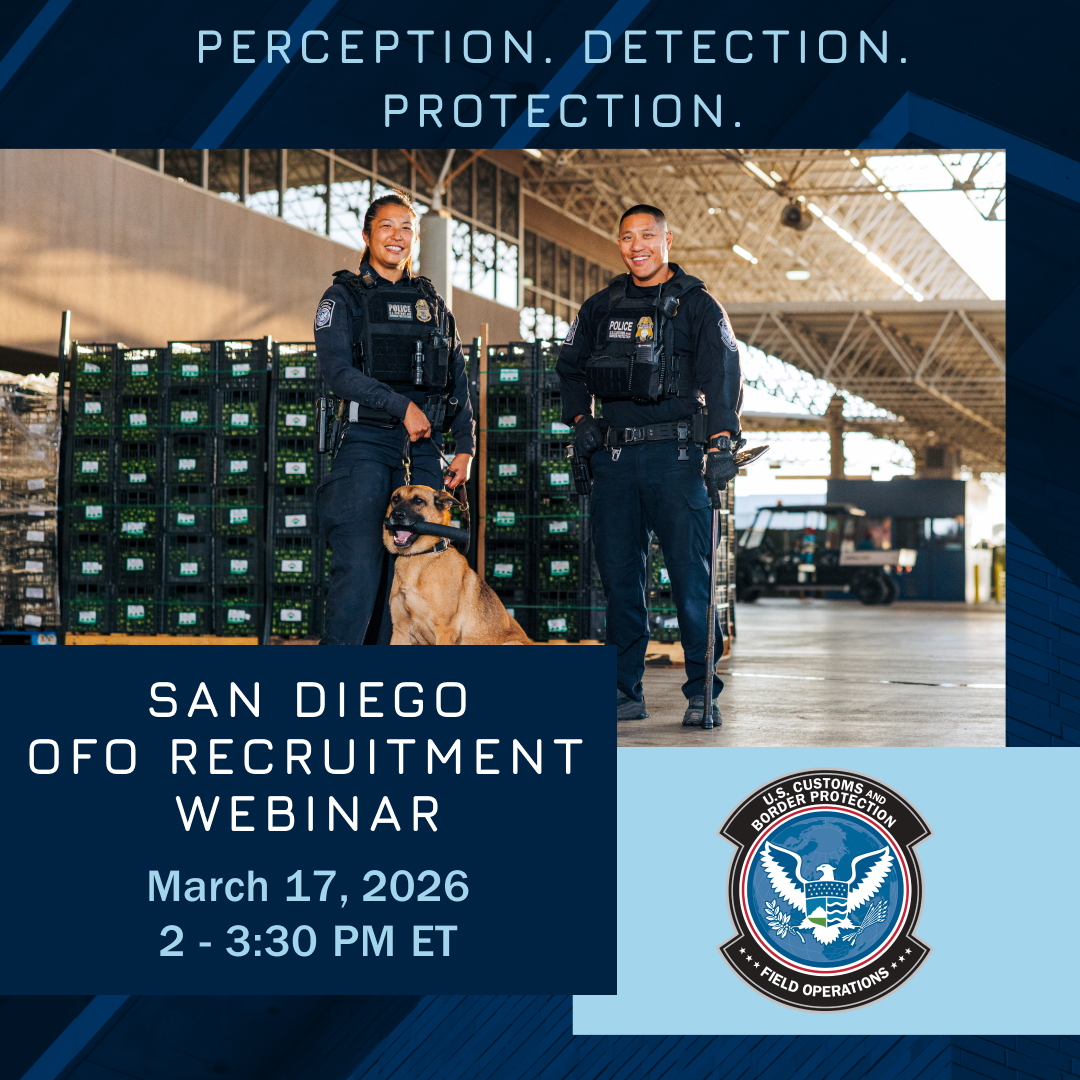 As a CBP Officer, you’ll make an impact every day protecting Americans and safeguarding communities. Join our Recruitment Webinar, March 17 from 2 – 3:30 PM ET and learn about new officer incentives up to $60K and how to apply.

Register now: ow.ly/woxj50YrIox

#CBPCareers