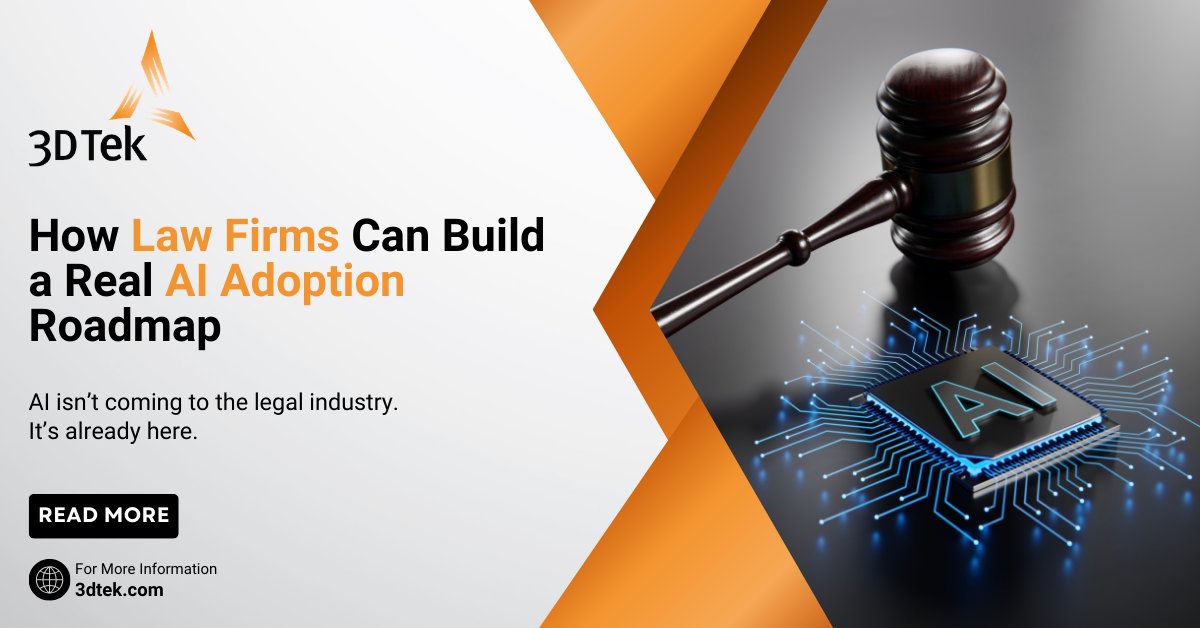 3DTek's tweet photo. Whether you’re a Managing Partner looking to modernize your firm’s approach or a Practice Group Leader trying to bring order to ad-hoc experimentation, you need a structured path for AI adoption. #3DTek #ExecutiveSearch #LegalRecruiting #LegalJobs  https://t.co/9ANTudnI9Z https://t.co/aA9V2homHc