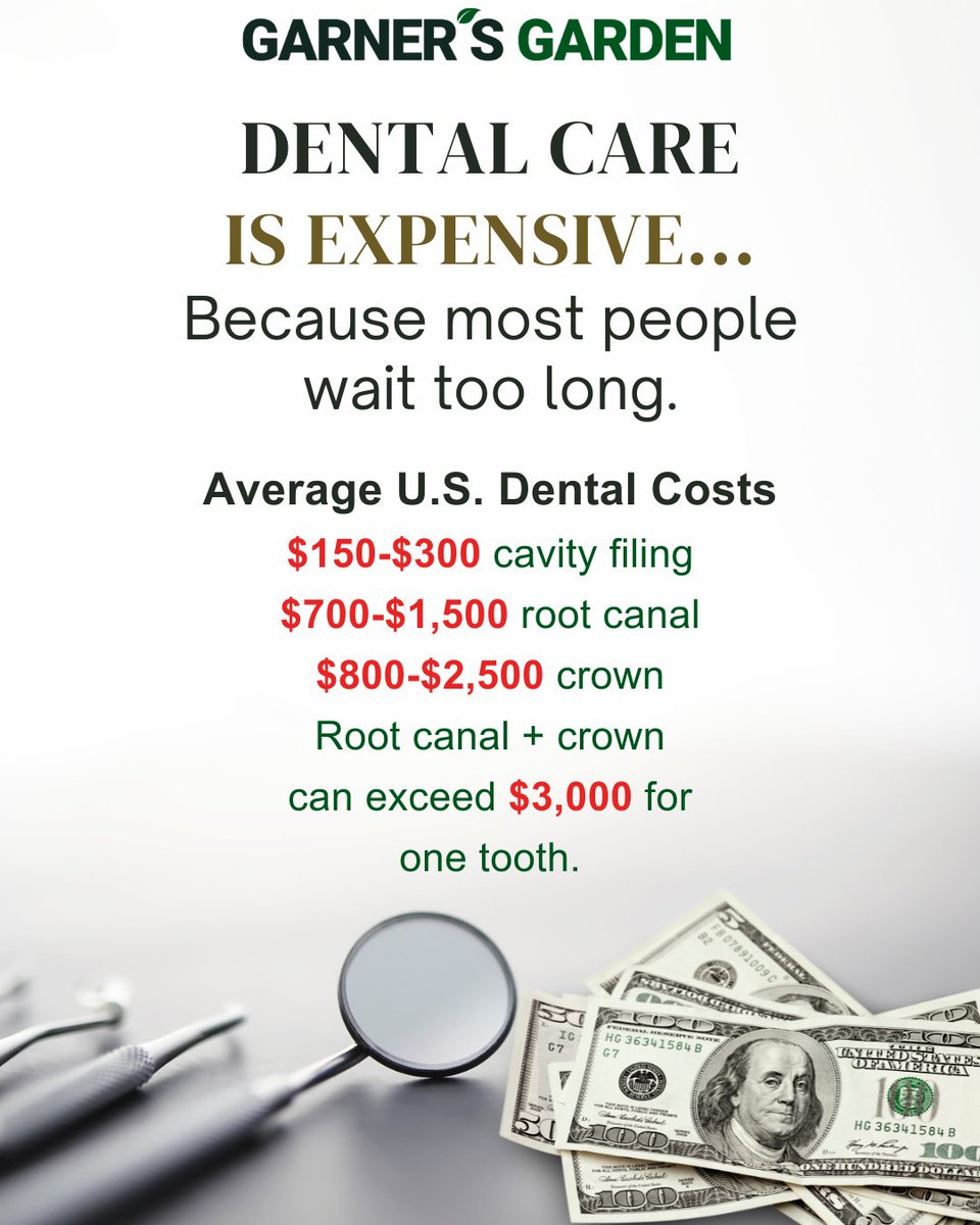 Garners_Garden's tweet image. Dental bills are hitting record highs. Why wait for a painful, expensive emergency? With just $1.33 a day, our Oral Care line keeps the dentist away. Invest in your health naturally with organic, mineral-rich protection that saves you thousands. #DentalHealth #SaveMoney #OralCare