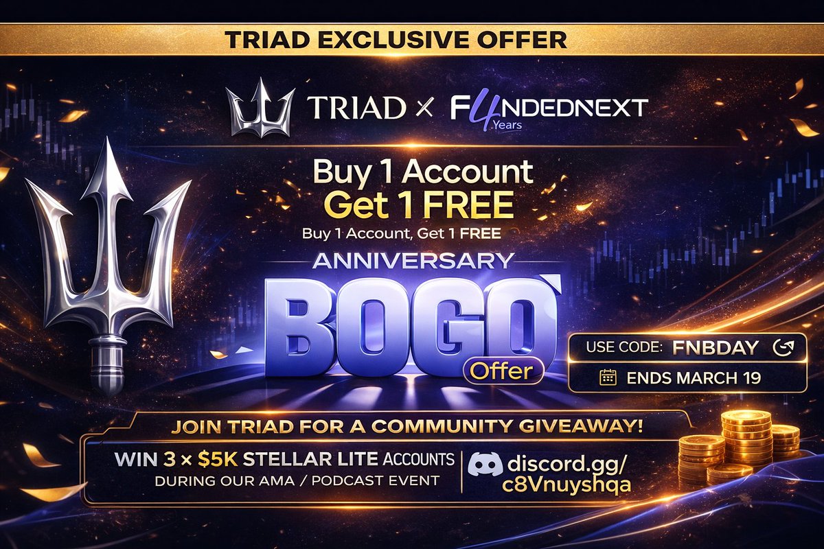 nahvTrades's tweet photo. 🎉 TRIAD x FundedNext Anniversary Giveaway 🎉

We’re celebrating FundedNext’s 4th Anniversary with a special giveaway for the community!

🏆 Prizes
🎁 3 × $5K Stellar Lite Accounts
How to join:

1️⃣ Sign up using my referral link
https://t.co/BtGpBCh6Um

2️⃣ Join the TRIAD community
https://t.co/qf40gxLj4R

3️⃣ Follow @nahvTrades and @FundedNext
4️⃣ Like and repost this post

5️⃣ Tag two trader friends
📌 Important:
Only TRIAD members who join and actively participate will be eligible.

The official entry form will be shared during the event inside TRIAD.

🚀 Don’t miss the chance to start your funded trading journey.