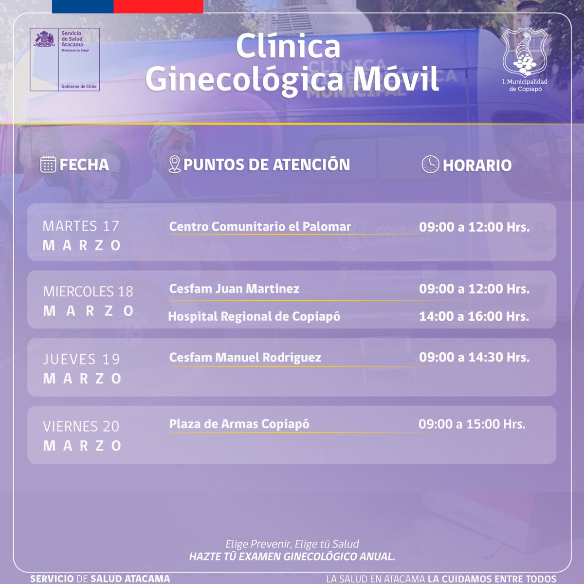 🩷Hazte el PAP

Te compartimos puntos de la Clínica Ginecológica móvil de Salud Municipal #Copiapó para esta semana.

Prográmate y realiza tu control ginecológico anual

Y recuerda que si tienes entre 35 y 45 años puedes consultar por el el examen de detección de Virus Papiloma