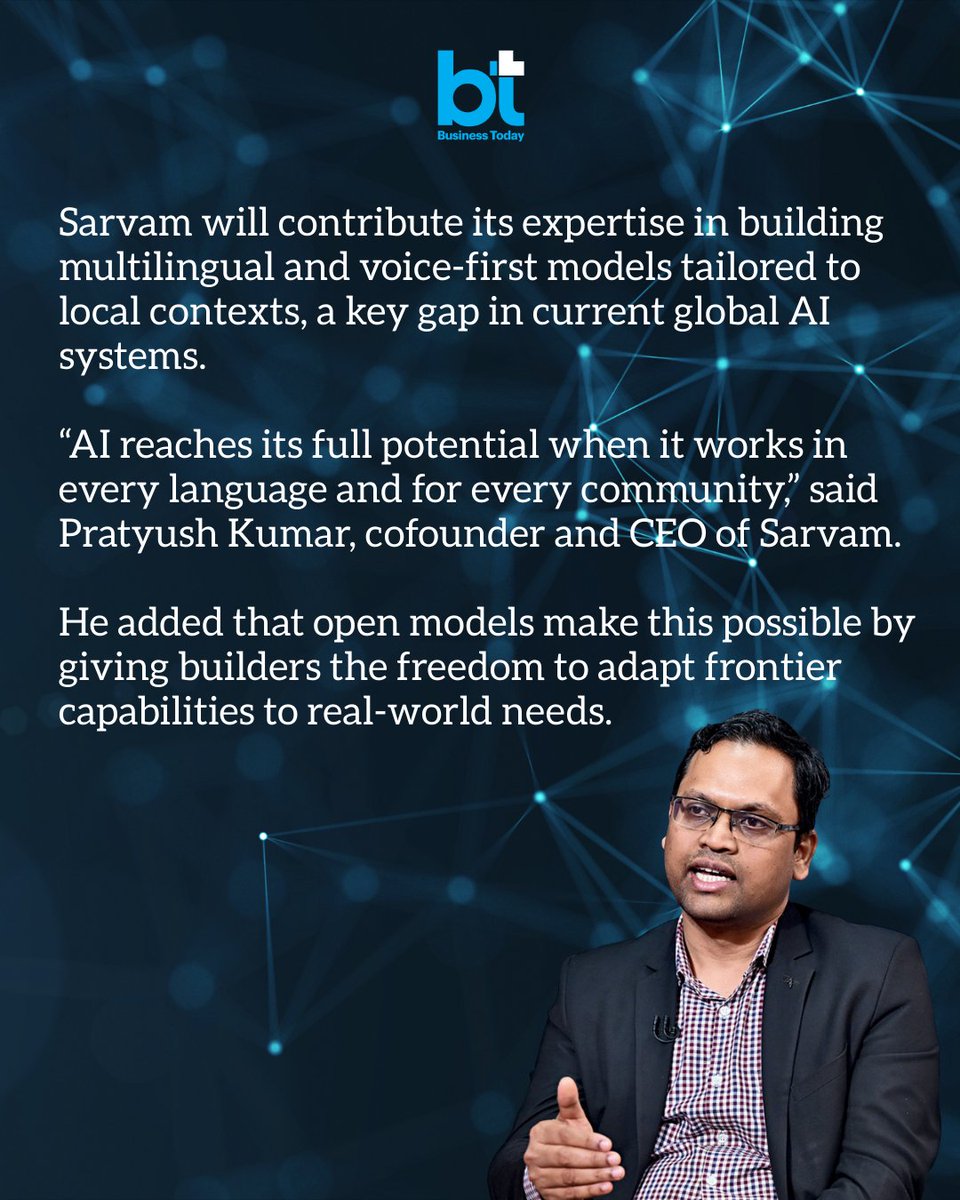 business_today's tweet image. #TechToday | The global Nemotron Coalition, announced at #Nvidia's GTC conference, positions #Sarvam among a select group of frontier #AI players such as #Mistral AI, #Perplexity, Thinking Machines Lab, LangChain, Cursor, Reflection AI and Black Forest Labs, working jointly on
