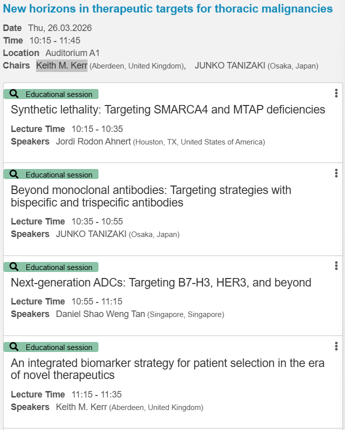 HHorinouchi's tweet photo. 🔜 #ELCC26 @myESMO 🇩🇰
🔥New horizons in therapeutic targets for thoracic malignancies
☑️ #SMARCA4 #MTAP #Bispecific #Trispecific #ADC
🎙️Chair: Dr. Keith M. Kerr @JunTanizaki3
@OncoAlert @Larvol #LCSM https://t.co/XuDOncZFas