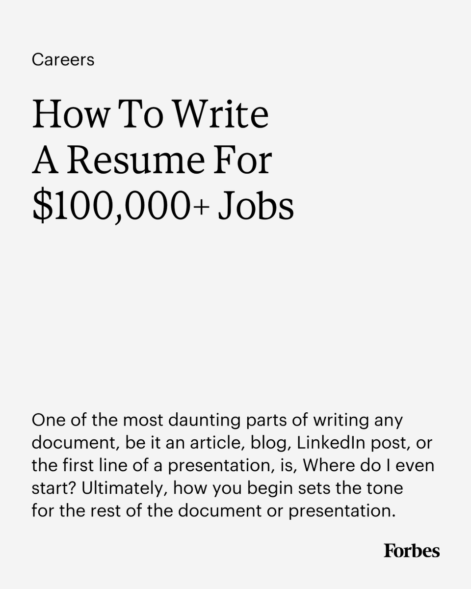 Forbes's tweet photo. Your resume should open doors for opportunities, allows your knowledge and expertise to shine, and sets you up as an expert in your field. 
How can you set your resume up to compete for six-figure salary jobs? 
Read more: https://t.co/3dOfHIzaHD https://t.co/Kk8P6PbGVN