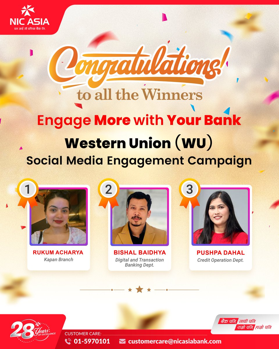 NICASIABank's tweet image. Congratulations to the winners of the Western Union (WU) Social Media Engagement Campaign under the theme “Engage More with Your Bank.”

👏 Thank you all for your participation!

#NICASIABank #DoMore #EngageMore #WesternUnion #ATTRemit #NICASIARemit