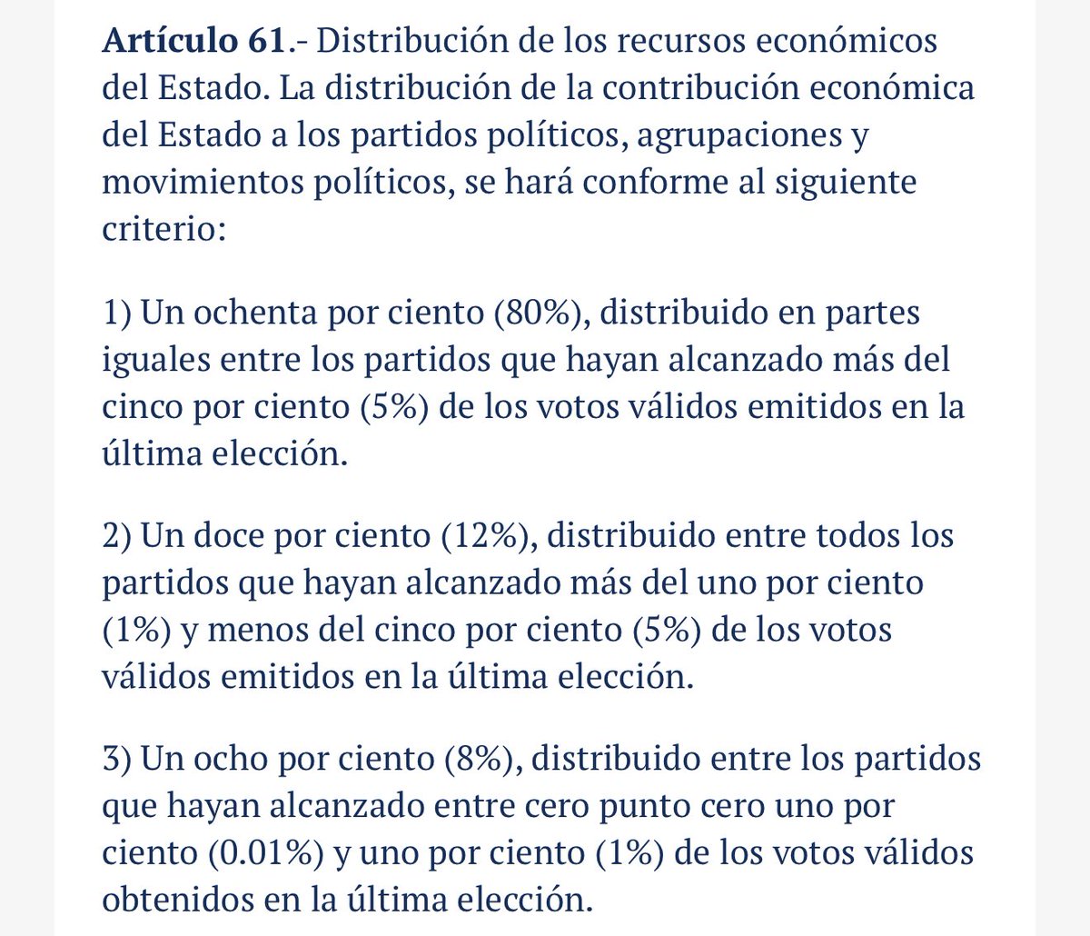 hernaniaquino17's tweet photo. Acápite 3 art. 61, Ley de Partidos Politicos: El Estado destina 8% de fondos públicos a partidos con apenas 0.01%–1% de votos. 

Eso significa subsidiar con dinero de todos a quien sacó ¡hasta 156 votos! 

¿Es eso democracia o despilfarro? https://t.co/jDaHM31VIV