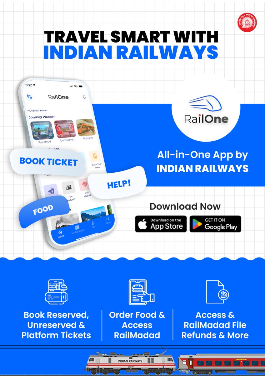 drmjabalpur's tweet image. #RailOneApp – All-in-One App by Indian Railways                   Book Reserved, Unreserved &amp;amp; Platform Tickets Track Trains, Order Food, Get Refunds &amp;amp; More – all in one place. #IndianRailways @gmwcrailway @wc_railway @RailMinIndia