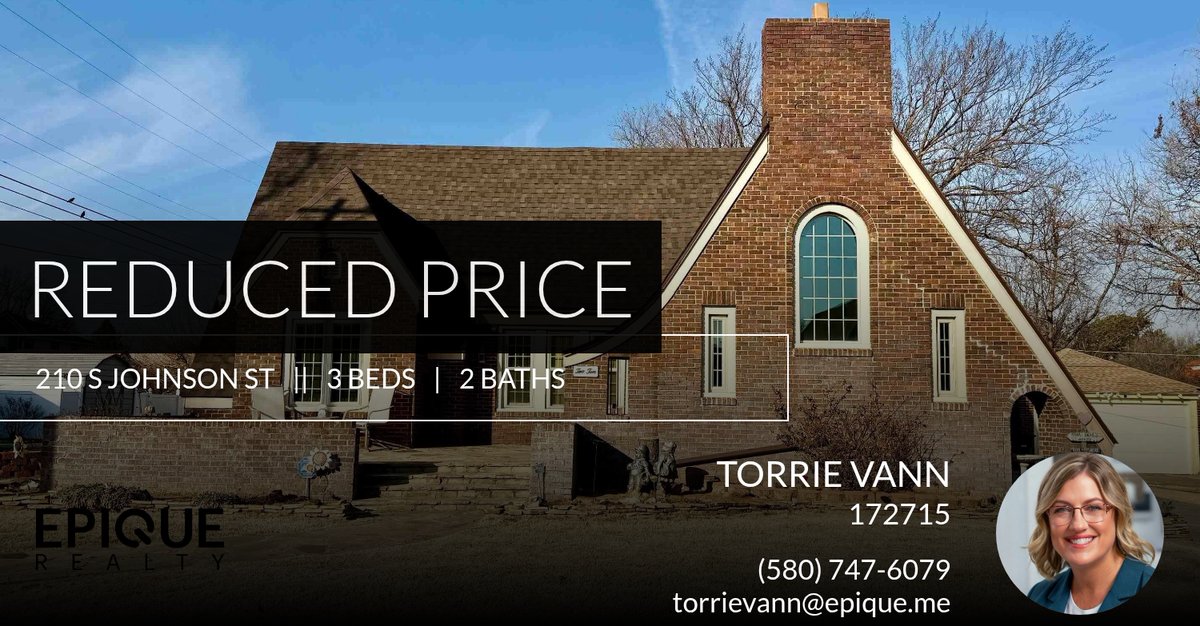 RealtorTorrie's tweet photo. 📍 Reduced Price 📍 This recently reduced home at 210 S Johnson St in Enid won't last long, so, don't wait to set up a showing! Reach out here or at (580) 747-6079 for more information!

Torrie Vann
REALTOR®, CRS
Epique Realty https://t.co/2IJSvO1y9y https://t.co/gTSPkmFs8S