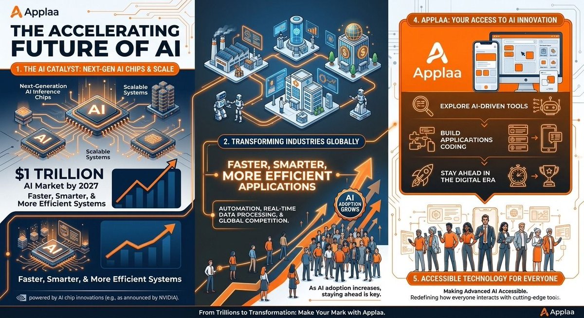 applaa_ai's tweet photo. The future of AI is accelerating as NVIDIA announces next-generation AI chips and projects the AI market to reach $1 trillion by 2027. 

These advanced inference chips and scalable systems will power faster, smarter, and more efficient AI applications across industries. 

From automation to real-time data processing, this innovation will redefine how businesses operate and compete globally. 

As AI adoption grows, platforms like Applaa empower users to explore AI-driven tools, build applications without coding, and stay ahead in the digital era—making cutting-edge technology accessible to everyone.

AI is scaling faster than ever — the trillion-dollar revolution is here. 

#AI #ArtificialIntelligence #NVIDIA #TechInnovation #FutureOfWork #DigitalTransformation #AITrends #Technology #Innovation #Applaa