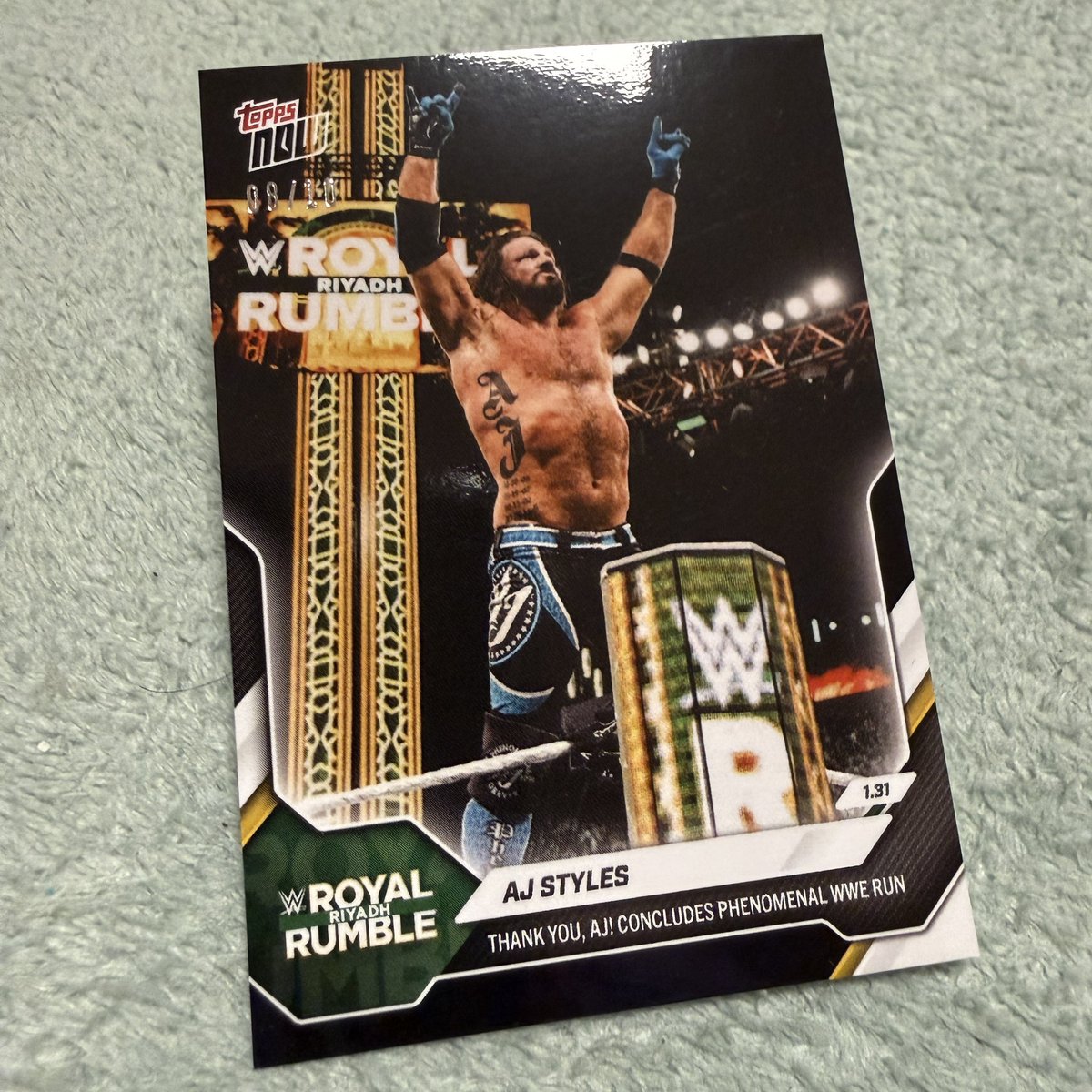 kazgearmania's tweet image. Luckily again, 2 of the 20 cards I received today from @Topps 🇺🇸 were rare🔥🔥 2026 #WWE #Topps Now 13 #RoyalRumble #AJStyles 🤘🏻 8/10 Black Foil &amp;amp; Variation Short Print ✨ "Thank you, AJ! Concludes Phenomenal WWE Run"🥺 #AJスタイルズ #ThankyouAJ #WWEHOF2026