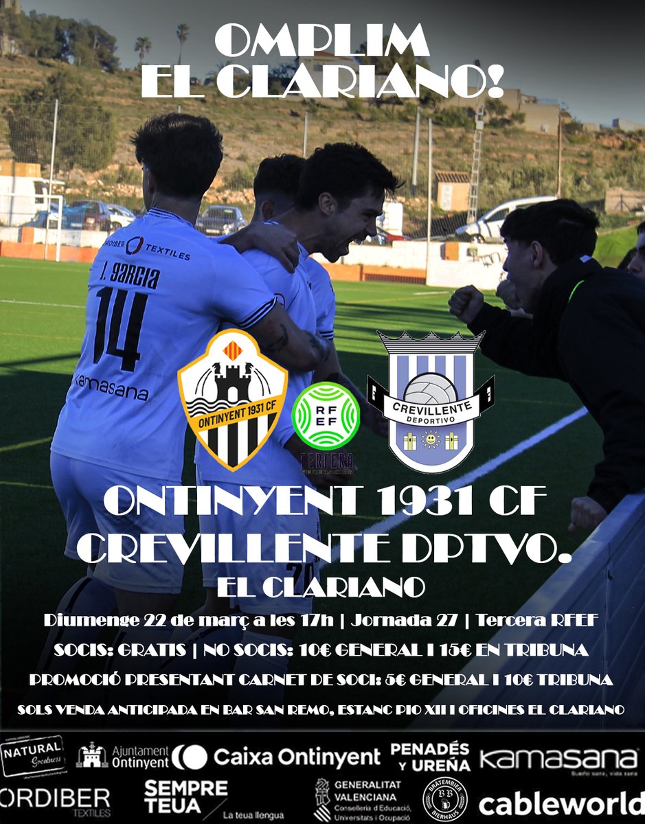 ontinyent1931cf's tweet photo. 📷 #Proximpartit 

⚽ Ontinyent 1931 CF - Crevillente Deportivo 

⌚ Diumenge 22 de març a les 17h

🏟️ El Clariano

❗ Els socis podran entrar gratis com sempre. La promoció serà soles amb venda anticipada, no en taquilla el dia de partit https://t.co/7QUtDGSIeB