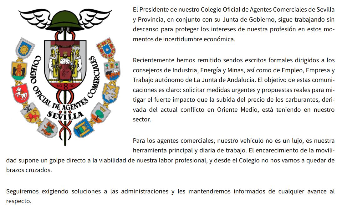 El Colegio de Agentes Comerciales de Sevilla y Provincia actúa en defensa de los colegiados ante la escalada de los precios del carburante