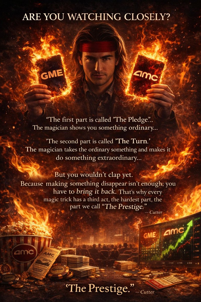 AMCOverNoise's tweet photo. Are you watching closely?
Because this was never just about price… it’s about the setup. The Pledge was disbelief. The Turn was volatility. And what comes next… is what people never see coming. $AMC 🤝 $GME The stage is set. The crowd is watching.
Now we find out who understands the trick… and who doesn’t. 🔥🎬 @TheRoaringKitty @BarkingPuppy8 @gamestop @AMCTheatres
