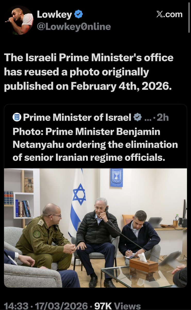 ❌❌بجد وين مجرم الحرب 
نتن ياهو؟!!
 ولماذا لم يظهر للعلن منذ أيام؟!! 
❌❌ولماذا يروج الصهاينة إلى صور وفيديوهات معدلة بالذكاء الاصطناعي أو قديمة لإيهام الإسرائيليين والعالم أنه مرموز ونشط ويشرف على العمليات العسكرية؟!! برغم كشفها بسهولة ؟!
❌❌آخرها الصورة أدناه  نشرت اليوم وهو