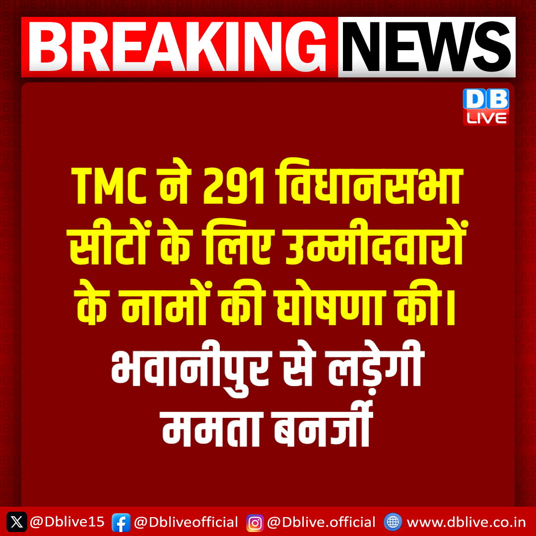 dblive15's tweet image. TMC ने 291 विधानसभा सीटों के लिए उम्मीदवारों के नामों की घोषणा की।
भवानीपुर से लड़ेगी ममता बनर्जी

#dblive  #TMC #mamata
