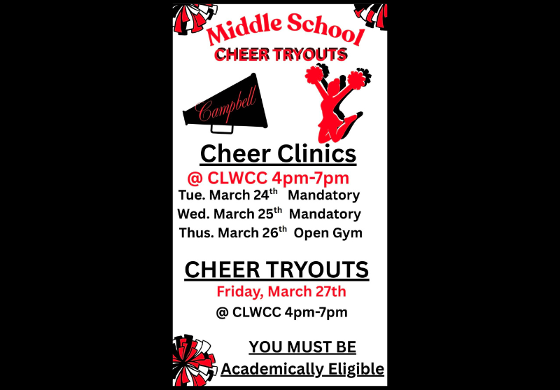 CCSDRedDevils's tweet photo. Middle School Cheer Tryouts (7-8th)
For any questions, please reach out to Yolonda Green.

ygreen@campbell.k12.oh.us
#GoRedDevils​​​​​​​​​​​​​​

https://t.co/oRt9K2DcIL https://t.co/cQIhL3JwxD