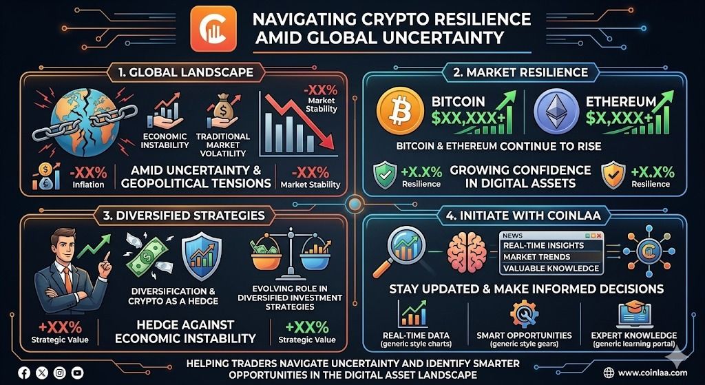 Coinlaaconnect's tweet photo. Amid global uncertainty and geopolitical tensions, the crypto market is showing resilience as Bitcoin and Ethereum continue to rise.
Investors are increasingly viewing digital assets as a hedge against economic instability, inflation, and traditional market 
#CryptoNews #Coinlaa https://t.co/n87BC4fGZA