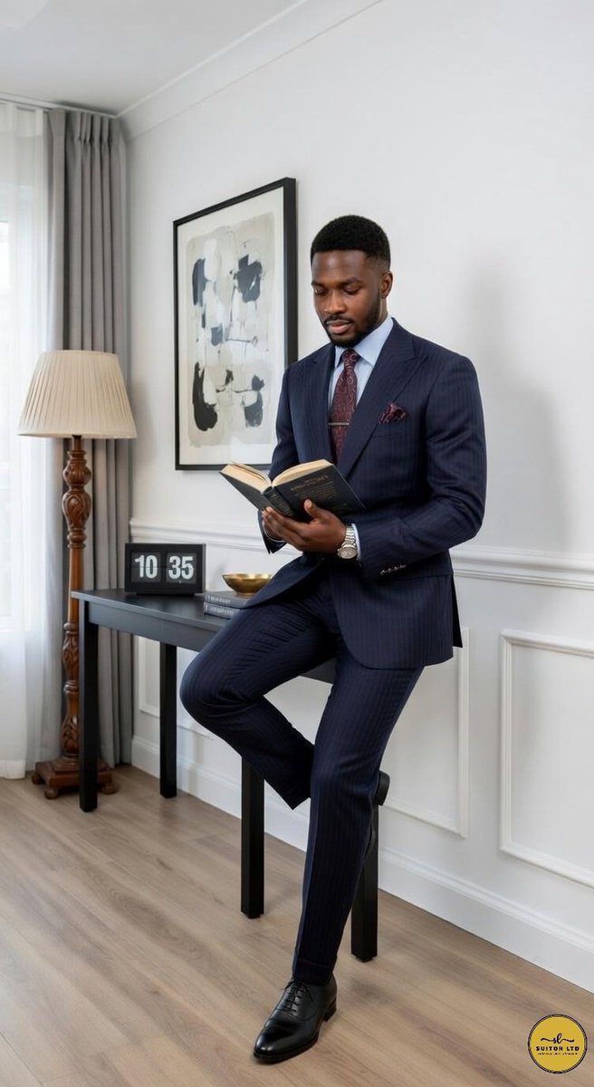 suitonltd's tweet photo. This navy self-stripped suit commands attention with its bold peak lapels and a classic ticket pocket, perfectly balancing traditional tailoring with modern sharp lines. Paired with a crisp light blue shirt and deep burgundy accents, it’s a masterclass in bespoke sophistication. https://t.co/xnvj83DoBr