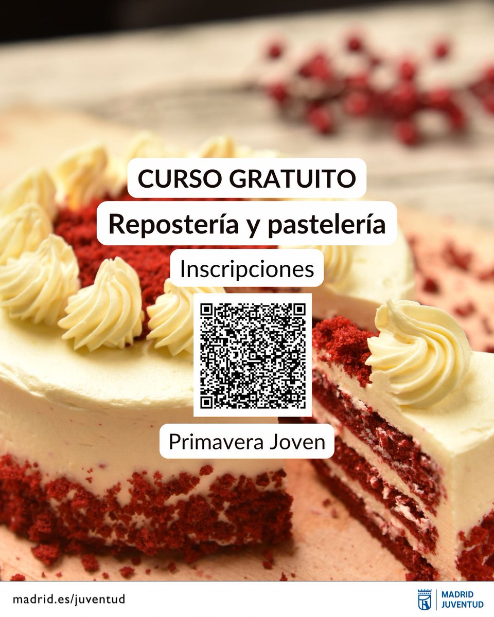 MadridJuventud's tweet image. #cursogratuito de #REPOSTERÍA Y #PASTELERÍA dentro de la campaña de #primaverajoven. 
Fechas de Inscripción: 19 de marzo a las 8:00 hasta el 20 de marzo a las 23:59
Consulta toda la información en: cutt.ly/cursosprimaver…
#informaciónjuvenil #MadridEsJoven @MADRID