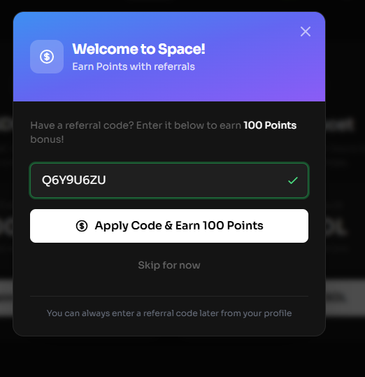 Space: Mercados de predicción apalancados hasta 10x en Solana (Testnet)

Problema común:  Entrás con el link y te dice "código inválido".

Solución: ingresá manualmente el código Q6Y9U6ZU
Te dan 100 puntos de entrada, pero el truco está en quemar todo el saldo testnet que te dan