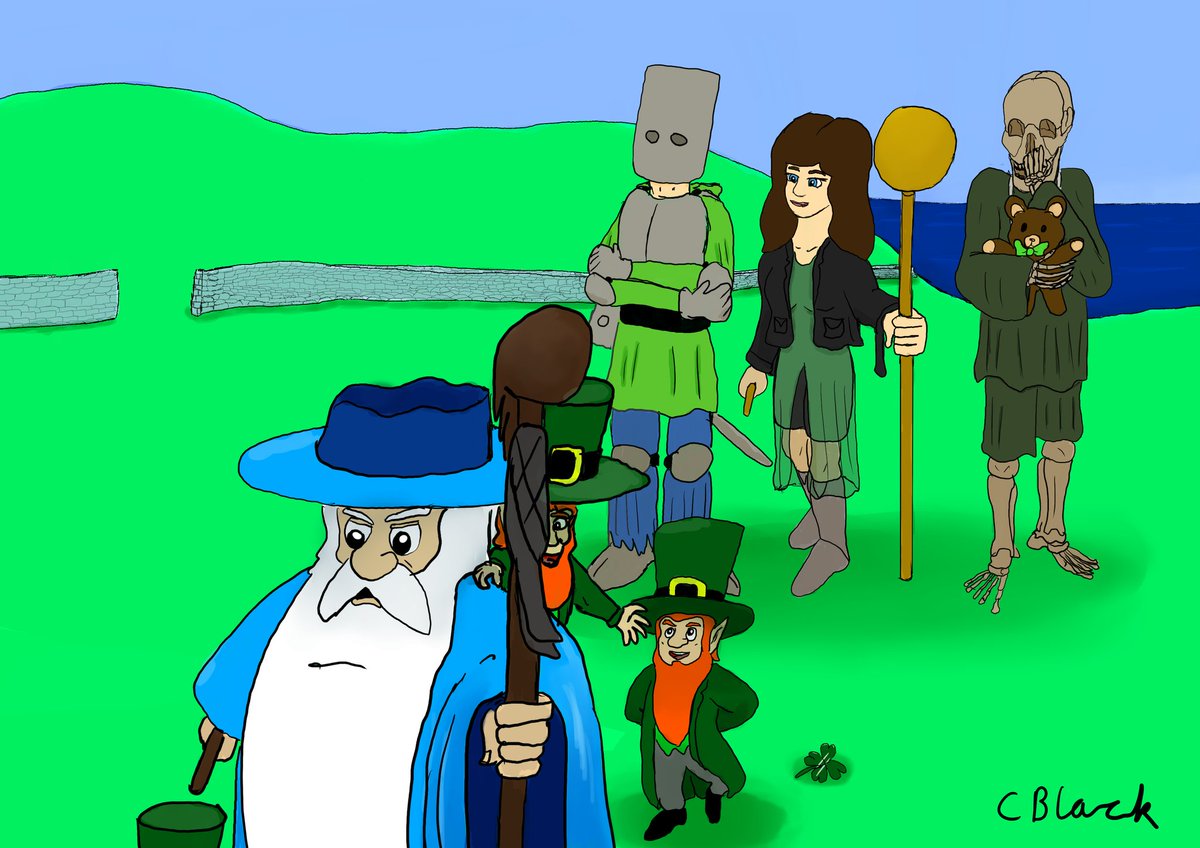 Happy Patrick's Day. In response to it did a painting related to my Wizzy series project. This time of him, Amy, Rusty and Grinny over in Ireland. Wizzy gets nipped by leprechauns with others trying not to laugh.

#wizard #stpatricksday☘️ #cartoon #personalproject #fantasty