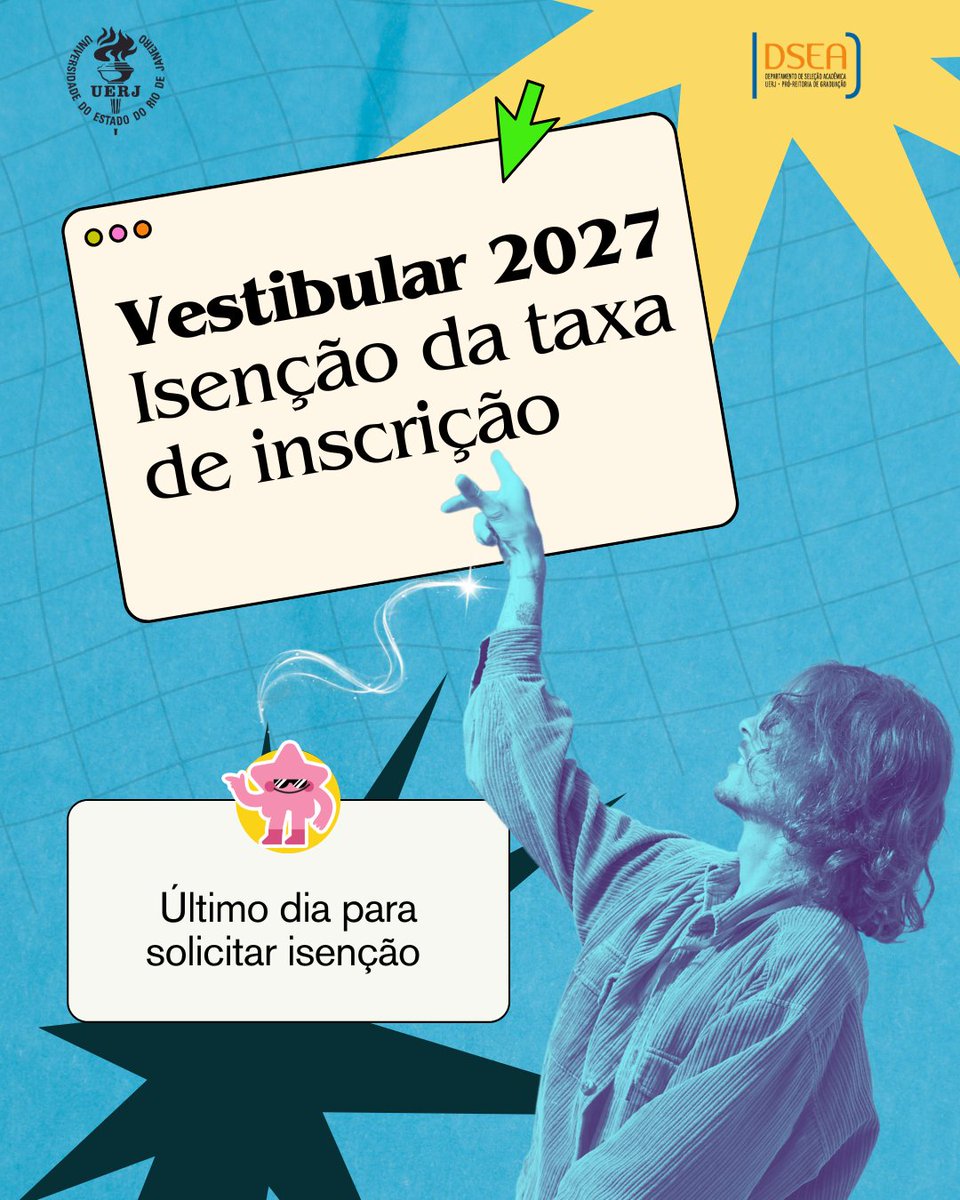 VestibularUERJ's tweet image. 🚀 ÚLTIMO DIA DE SOLICITAÇÃO DE ISENÇÃO DA TAXA! 🎓✨
Você sabia que pode solicitar a isenção da taxa de inscrição do 1º Exame de Qualificação do Vestibular 2027?
⚠️É fundamental ler o Edital de Isenção na íntegra antes de preencher o requerimento no sistema. 
#Uerj #vagas