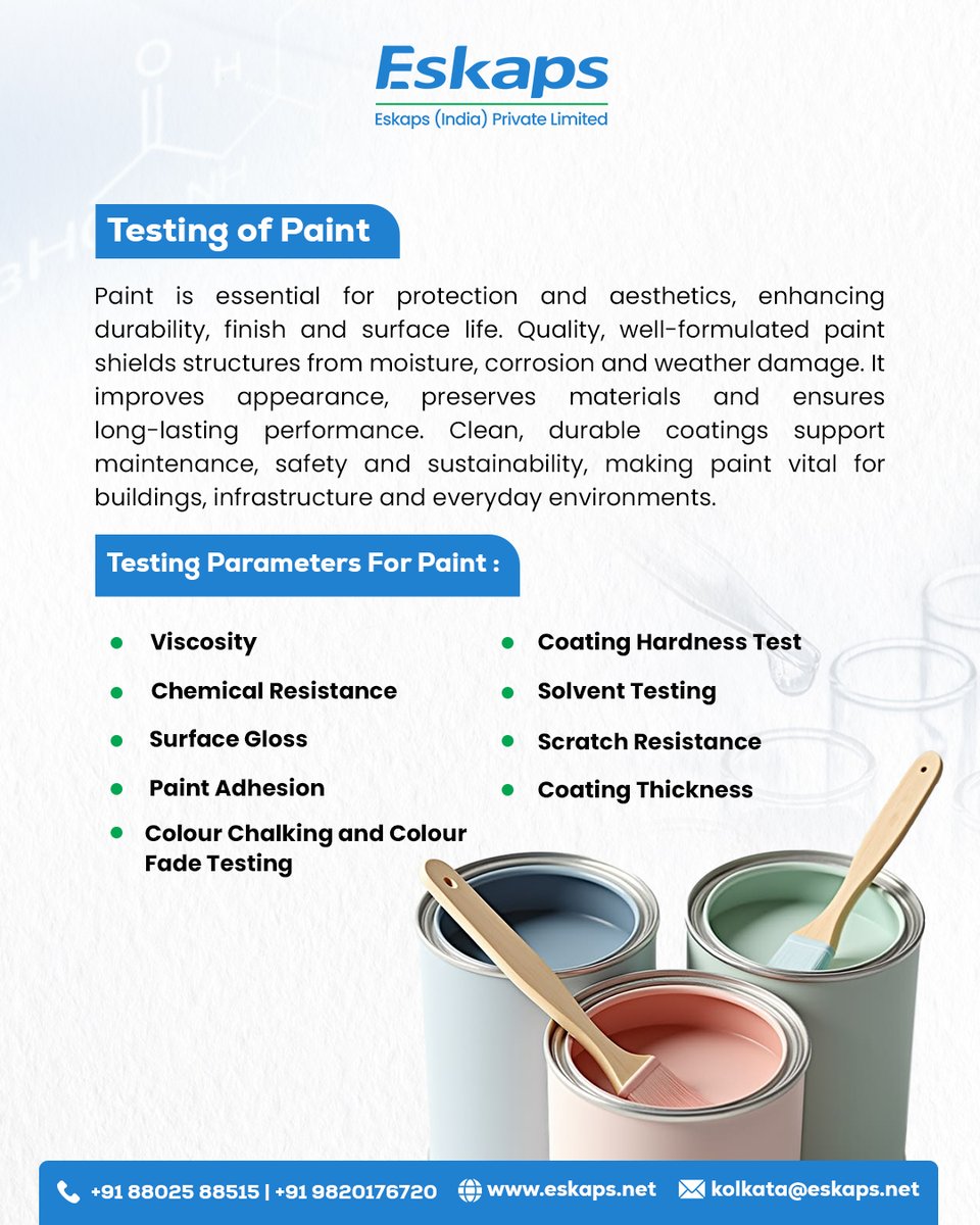 eskapsindia's tweet photo. Ensure durable, flawless coatings with Eskaps India's Paint Testing! We test Adhesion, Thickness, Scratch Resistance, Chemical Stability &amp; more for top-quality results. Contact @eskapsindia today!

#PaintTesting #QualityControl #CoatingInspection #SurfaceProtection https://t.co/grpm8zGBTT