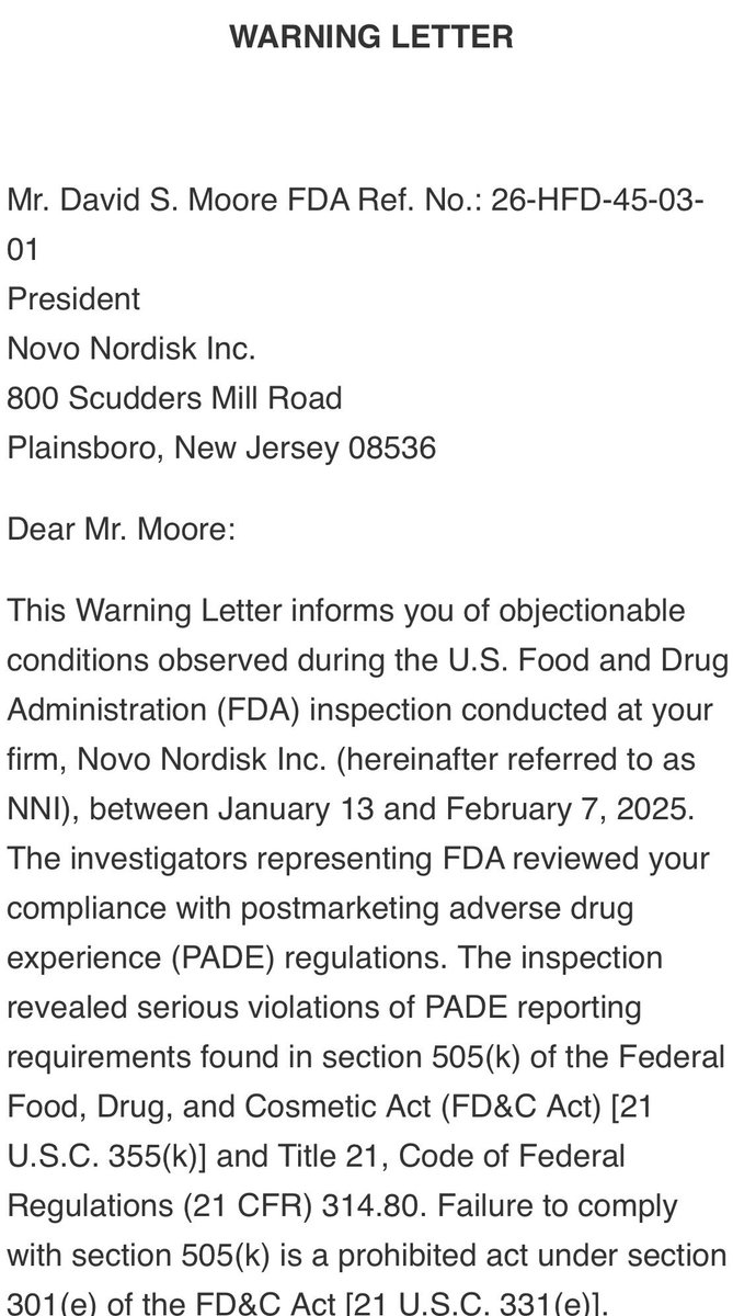 ritarighteye's tweet photo. FDA WARNS NOVO NORDISK: 
Unreported Deaths Linked to Ozempic 
——

Novo Nordisk received an FDA warning letter after a 2025 inspection found it failed to properly report and investigate serious adverse events tied to its semaglutide (Ozempic/Wegovy) drugs.

These events, that were not reported or investigated, included two deaths and one suicide. They were not reported within required timelines or adequately followed up with, violating FDA safety reporting rules.

The issue isn’t necessarily that this proved harm by the drug but that these cases weren’t properly investigated or were dismissed. This entirely limited the ability to figure out what actually happened here as some cases were misclassified or closed without an actual and full assessment.

——
More details coming.