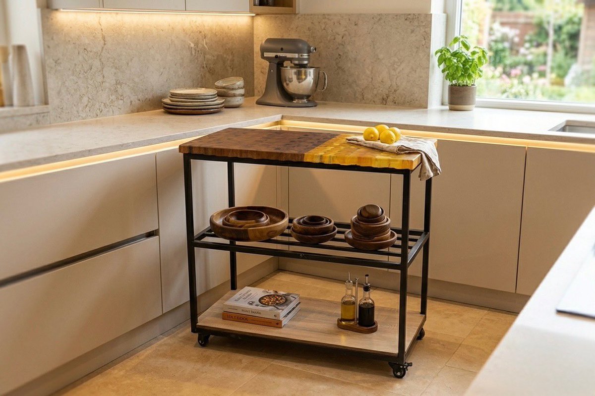 MisterElikem's tweet photo. A rolling kitchen island featuring a two-tone end-grain butcher block and a full bowl collection.
  
Handcrafted. One of One.
Auction starts now. Auction ends on April 1st.

 Check comments to place your bid https://t.co/NL1TaWftKg