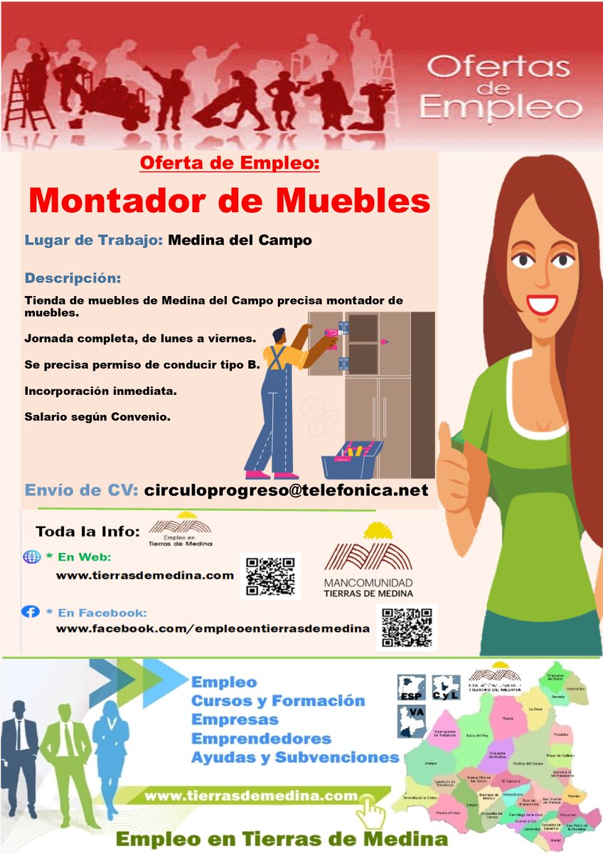 Oferta de #Empleo: #Montador #Muebles #MedinadelCampo

Tienda de muebles de Medina del Campo precisa montador de muebles

Jornada completa lunes a viernes
Se precisa permiso conducir tipo B
Incorporación inmediata
Salario según Convenio

Envío CV: circuloprogreso@telefonica.net