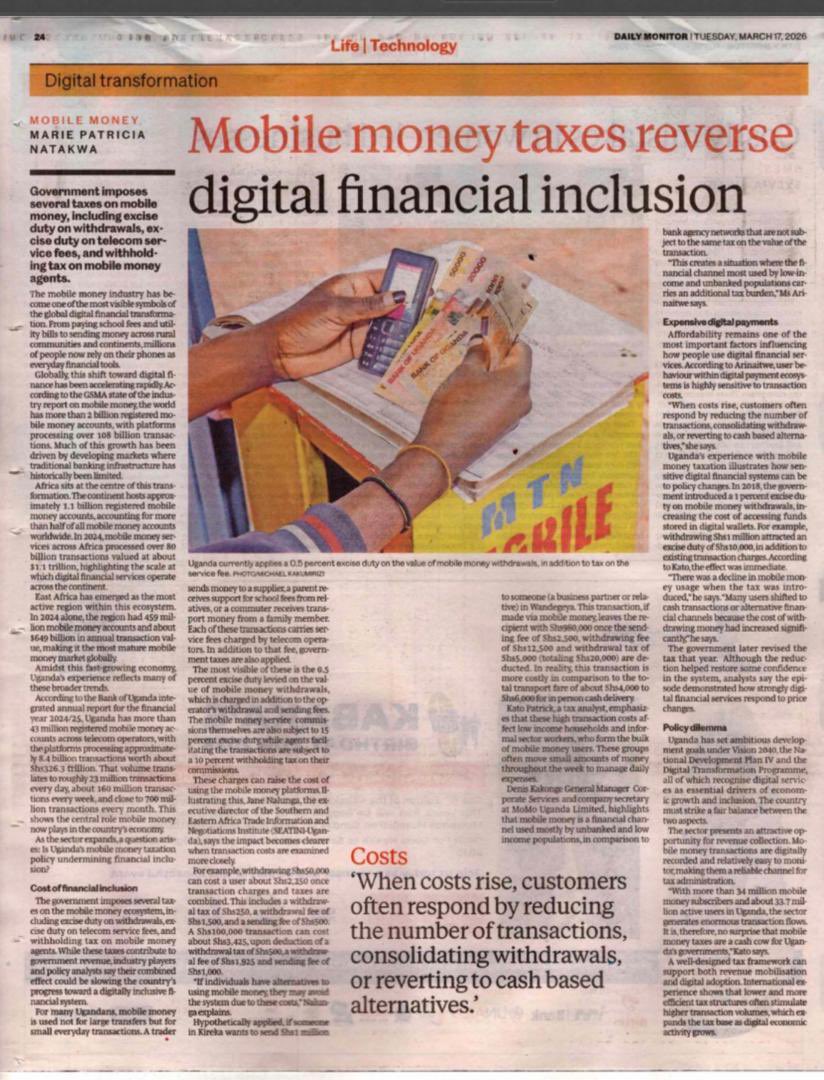 RytahUg's tweet photo. When costs rise, people are pushed out.
This Daily Monitor article highlights how mobile money taxes are already reversing digital financial inclusion in Uganda.
#DigitalInclusionUg https://t.co/n8nbDluxMO