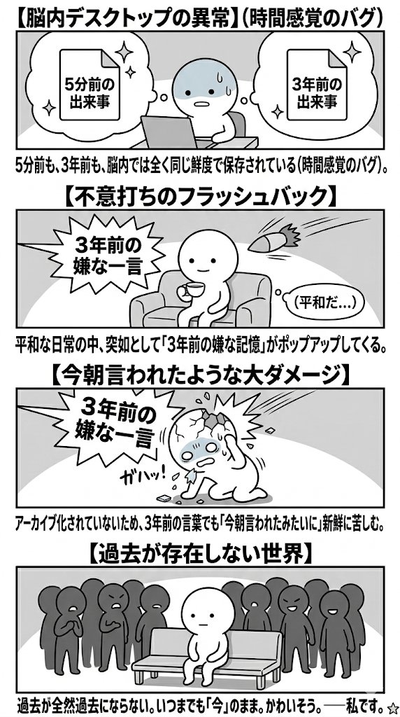 発達障害で地味にキツいのが
時間感覚がバグってる事。

5分前の出来事と3年前の出来事が
脳内で同じ鮮度で保存されてるから、
3年前に言われた嫌な一言を
今朝言われたみたいに苦しむ。

過去が全然過去にならないのだ。
