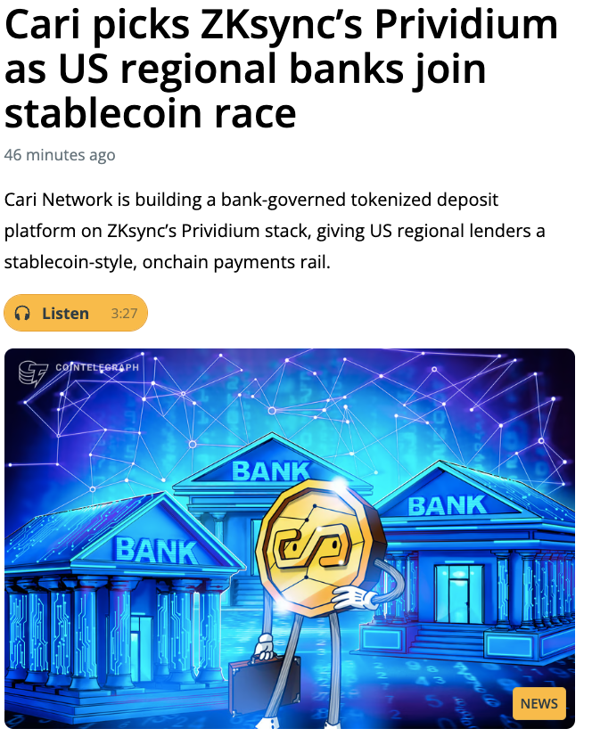 Ozhar's tweet photo. Five US banks are now building a tokenized deposit network powered by ZKsync's Prividium, through the Cari Network led by former Comptroller of the Currency Gene Ludwig.

M&T Bank, Huntington, KeyCorp, First Horizon, and Old National are designing infrastructure that enables banks to issue, transfer, and redeem tokenized deposits 24/7, while keeping them on the balance sheet as regulated bank liabilities, FDIC insured, and under existing supervisory oversight.

Banks have been exploring stablecoins to keep pace with demand for always-on money movement. But stablecoins, even under the GENIUS Act, are payment instruments, not banking instruments. They don't support credit creation through fractional reserve lending. They carry issuer counterparty risk. And they don't receive the same balance sheet treatment under Basel III as deposits do.

Until now, what prevented banks from moving to tokenized deposits was a fundamental infrastructure gap. Choose privacy and institutional control, and you lost interoperability. Choose interoperability on public chains, and you lost privacy and control. The combination of both, along with a neutral, open settlement layer, simply did not exist.

Prividium changes that. Anchored to Ethereum, it provides a permissioned environment with full data privacy, regulatory auditability, and interoperability with the broader digital asset ecosystem without compromising institutional controls.

We see stablecoins and tokenized deposits playing complementary roles in every bank's onchain strategy. Tokenized deposits protect and grow the balance sheet within a fully private, bank-controlled environment. Stablecoins serve as the bridge when money needs to move beyond those rails. The Cari Network and its five design partner banks represent the first institutions adopting this infrastructure to enable a new era of 24/7 digital money movement.