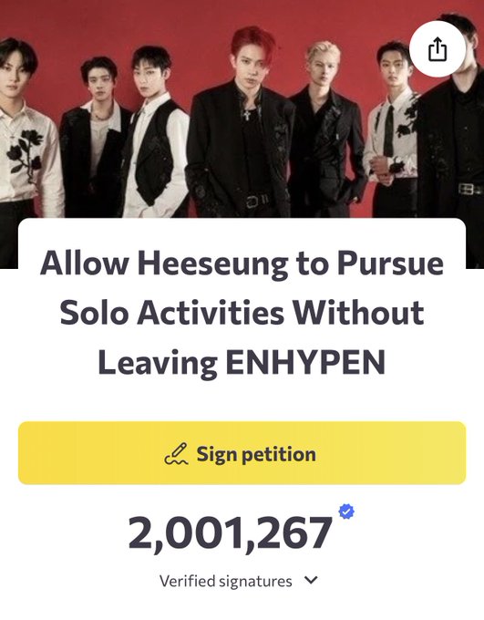 The petition to BELIFT LAB for #Heeseung to pursue solo activities without leaving #ENHYPEN has now over 2 MILLION signatures!! Meanwhile, ENHYPEN continues to trend on X with over 40M mentions &amp; 100M engagements! 💪🕺🏻💥2⃣Ⓜ️✍️➕🕺🏻🕺🏻🕺🏻🕺🏻🕺🏻🕺🏻🕺🏻💥✖️🗣️4⃣0⃣Ⓜ️&amp;💯Ⓜ️🚨👑❤️‍🔥