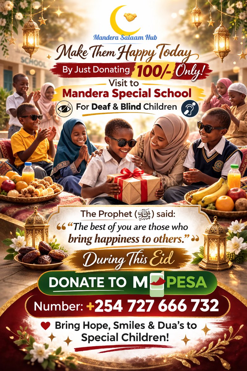 This Eid, let’s share joy with the children at Mandera Special School for the Deaf and Blind.
Donate just KSh 100 today for the sake of Allah and help us make them happy like every other child.

Every small contribution brings a smile.
Send your contribution via M-Pesa 0727666732