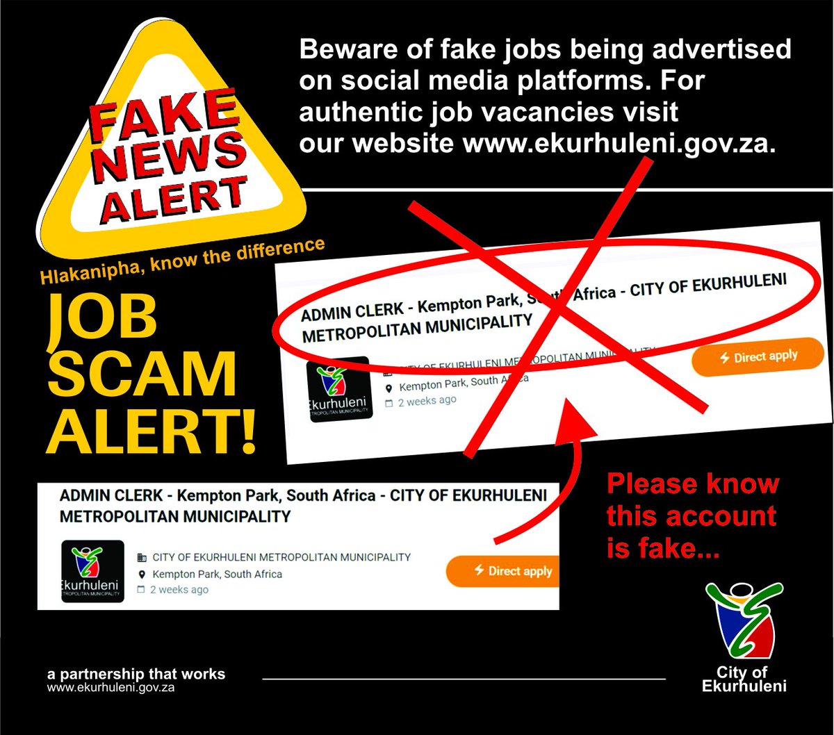 City_Ekurhuleni's tweet photo. 🚨JOB SCAM ALERT🚨
Do not be a victim of job scams. Register on our website: https://t.co/ScYOrRo40E now and start applying for available vacancies. #CoE only contacts candidates through official communication channels, namely telephone or email. #SeeItReportIt 0800 102 201. https://t.co/1oPnxtIiuK