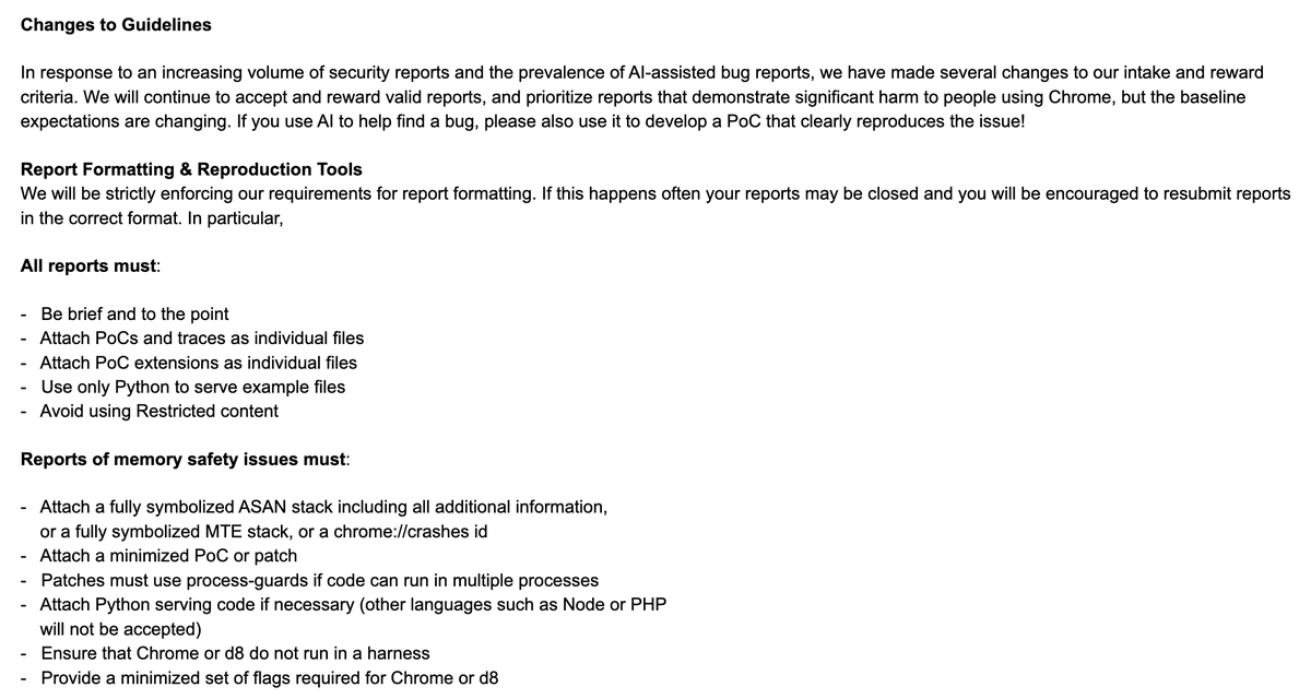 zerodayalpha's tweet photo. Google VRP recently rolled out an emergency update to bug report criteria.

New rules strictly require a minimized PoC and, for memory safety issues, an ASAN trace.

Everybody loves ASAN traces. https://t.co/bmQtGKzTmb