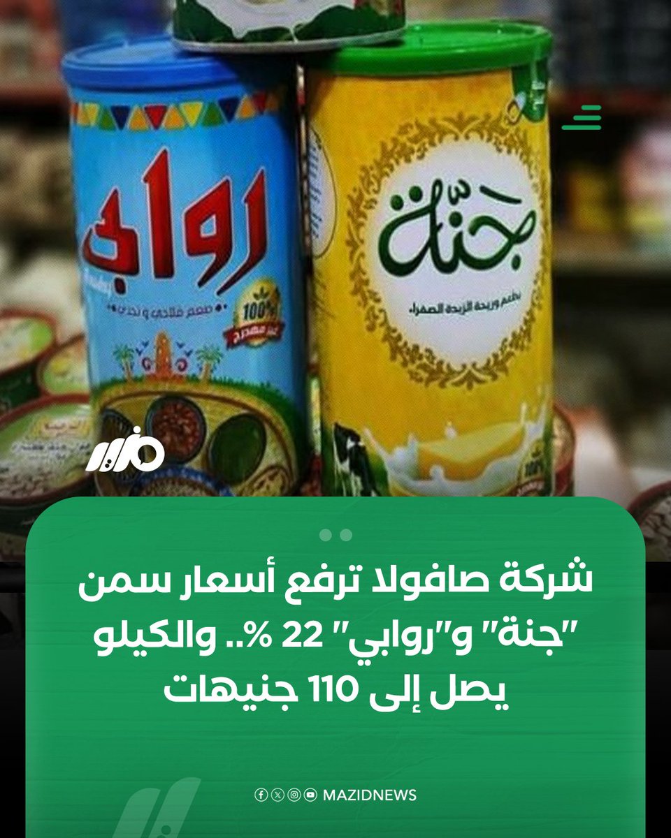 MazidNews's tweet photo. شركة صافولا تقرر زيادة أسعار سمن "جنة" و"روابي" بنسبة 22% خلال الأسبوع الجاري، ليرتفع سعر الكيلو إلى 110 جنيهات

#مزيد https://t.co/ldzoxztWAv