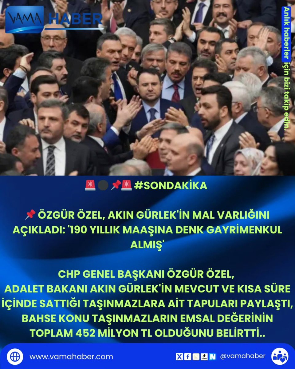 Özgür Özel, Akın Gürlek'in mal varlığını açıkladı: '190 yıllık maaşına denk gayrimenkul almış' CHP Genel Başkanı Özgür Özel, Adalet Bakanı Akın Gürlek'in mevcut ve kısa süre içinde sattığı taşınmazlara ait tapuları… #vamahaber #özgürözel #akıngürlek #adaletbakanlığı #emlak