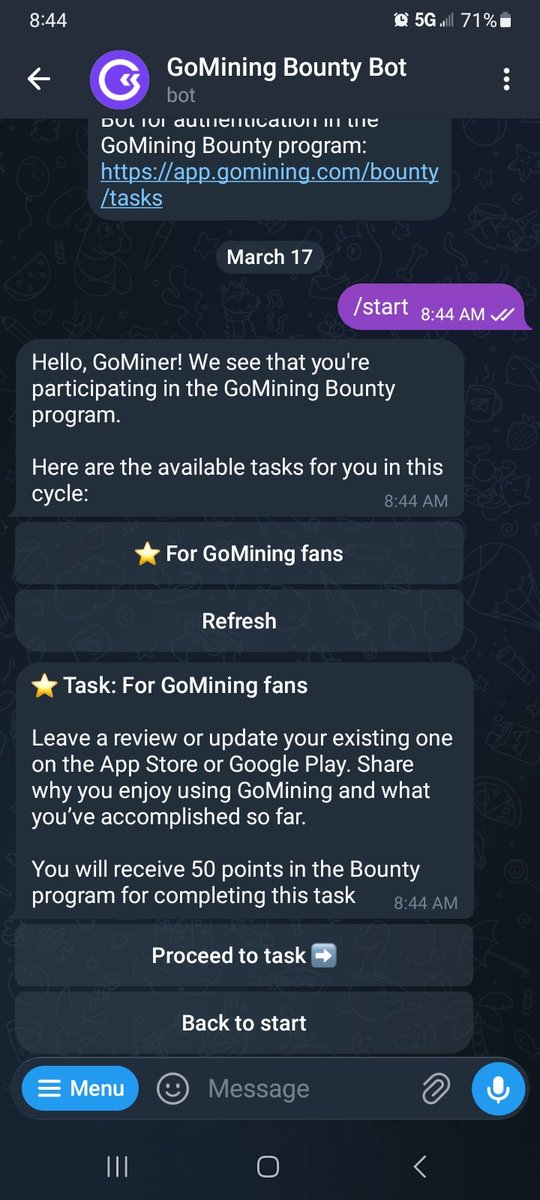 twiztidtech0307's tweet image. Wow this SUCKS.

Not only did they take away all of the regular telegram tasks and the Reddit task but the point value of the review task that it shows an app is double what the bot says you will get for doing the task.

Terrible..absolutely terrible 

@GoMining #shitty
