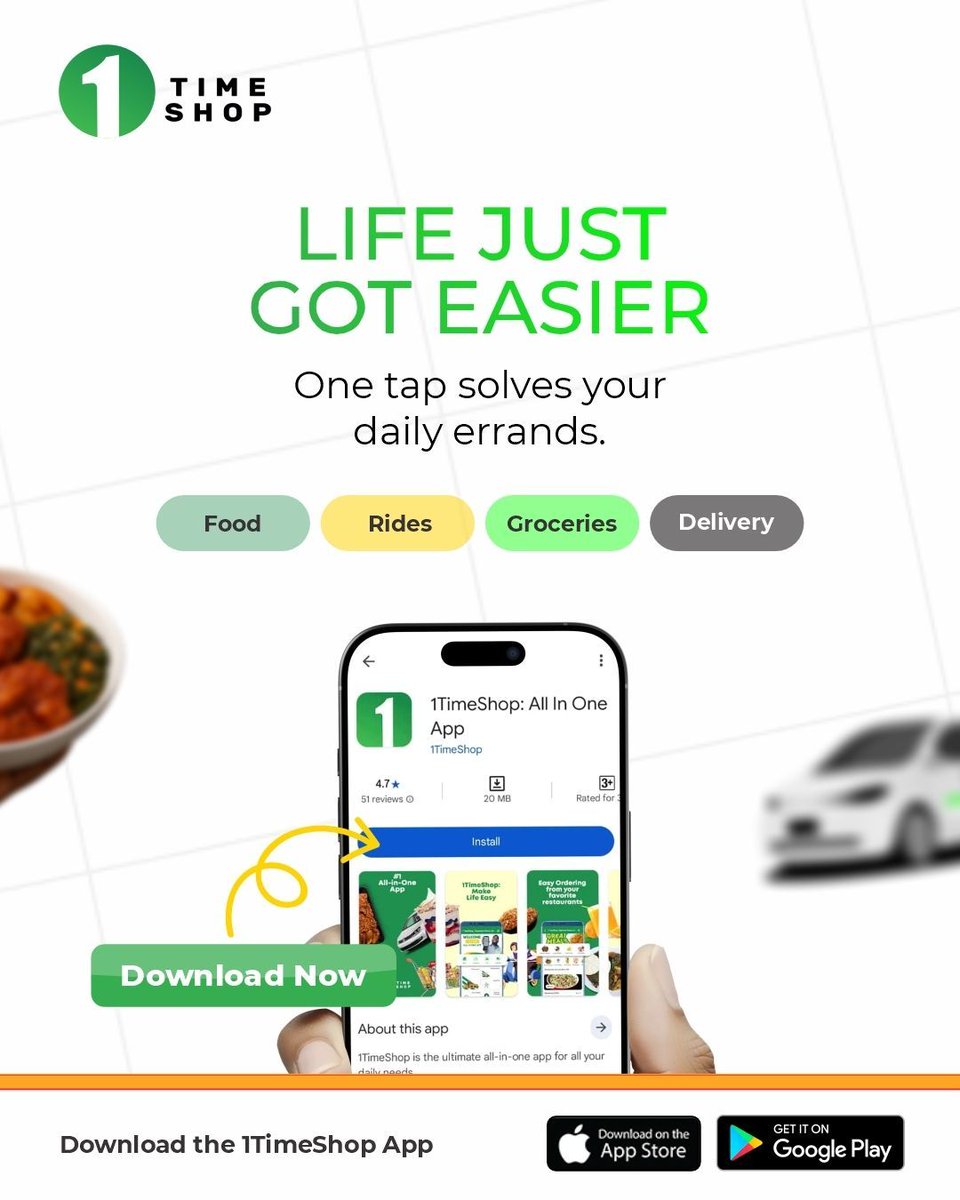 1timedotshop's tweet photo. Why stress when you can 1Time it? 
Fast delivery, quick rides, and easy shopping—all in one app.
Save time, skip the hassle, and get everything done faster.

Download 1TimeShop today and simplify your daily life. 

#1TimeShop #AllInOneApp #FoodDelivery #GroceryDelivery https://t.co/KNq3YF4Nqx