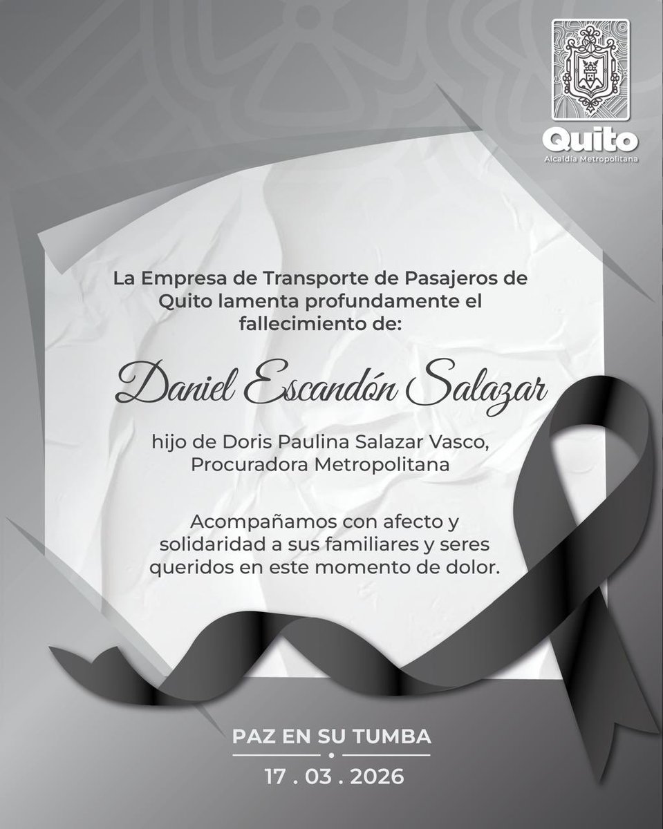 🕊 #Condolencias | Desde <a href="/PasajerosQuito/">Empresa de Pasajeros Quito</a> lamentamos profundamente el fallecimiento de Daniel Escandón Salazar, hijo de Doris Paulina Salazar Vasco, Procuradora Metropolitana.

Acompañamos con afecto y solidaridad a sus familiares y seres queridos en este momento de dolor.