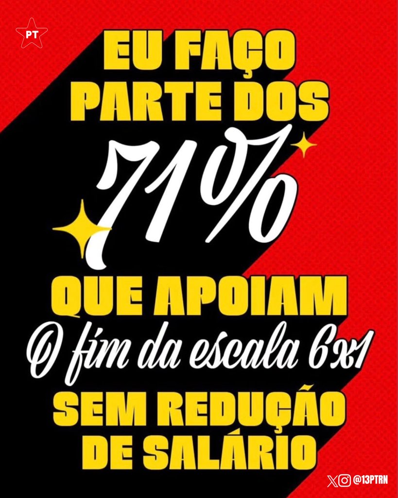Eu faço parte dos 71% que apoiam o fim da escala 6x1 sem redução salarial. 

Não é sobre trabalhar menos, é sobre viver melhor. Um dia de descanso não é suficiente pra recuperar corpo e mente.

A gente não quer privilégio, quer dignidade.

#FimDaEscala6x1