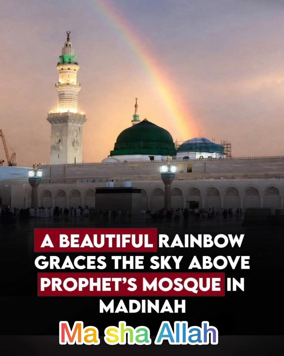 Cool_Ustaz's tweet photo. A beautiful moment in Madinah 🌈

After rainfall, a stunning rainbow appeared over the Prophet’s Mosque, reminding us of the beauty and signs of Allah’s creation. Moments like this bring peace to the heart and strengthen our connection to faith.

Sometimes, the simplest scenes in nature carry the deepest reflections.

Have you ever witnessed something that reminded you of Allah’s greatness?