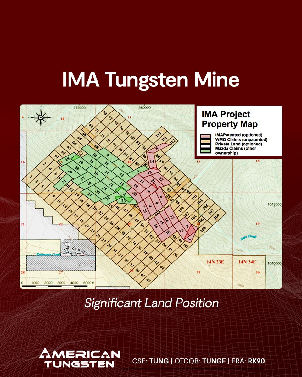 $TUNG's IMA Tungsten Mine in Idaho combines patented and unpatented mining claims with sufficient private land for milling, staging, and dry stacking. 🗺️

See our corporate presentation for more info: ordnl.link/6yyy7Tr

🇨🇦 #CSE: $TUNG.C | 🇺🇸 #OTCQB: $TUNGF | 🇩🇪 #FRA: #RK90